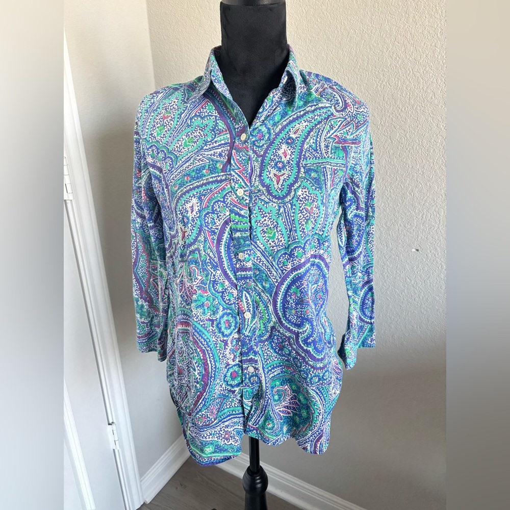 Lauren Ralph Lauren Petite Medium Paisley Button Front Shirt 3/4 Sleeve Top‎